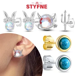 925 Sterling Silver Minimalist Small Round Turquoise Natural Moonstone Crystal Rabbit Stud Earrings for Women Jewelry Gifts