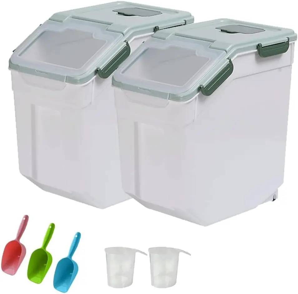 

2 Pack 25LB Airtight Flour Storage Container with Wheels, Seal Locking Lid & Measuring Cup, 50LBS Total for Rice, Grain