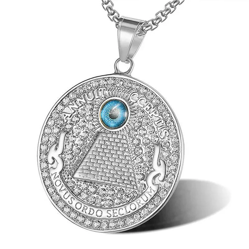 

Egyptian Iced Out Pyramid All See Eye Pendant Male Gold Silver Color Stainless Steel Big Round Necklaces for Men Jewelry Gift