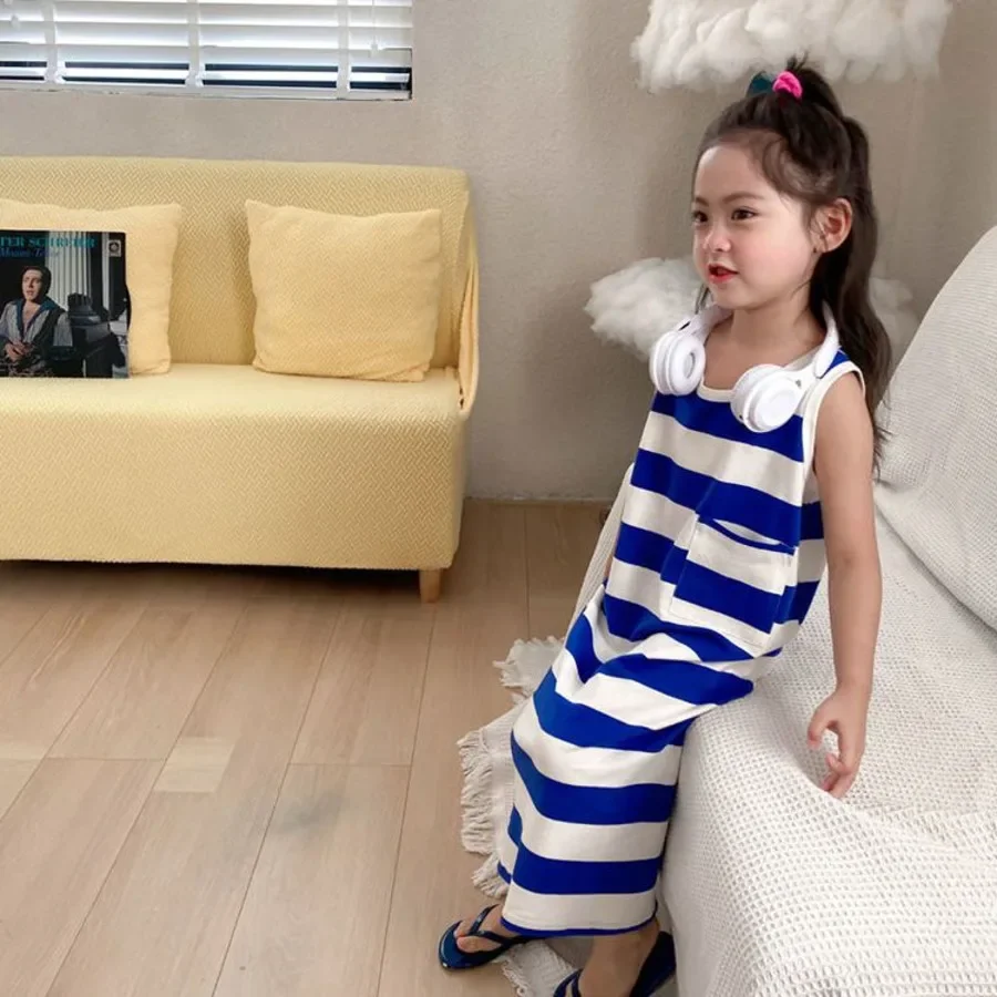 Summer Blue Striped Vest Dress Lolita Child Girls Casual Midi Dress Children Dresses For Teens Party Princess Sundress