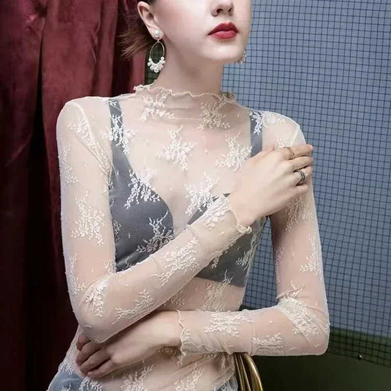 Sexy Women Mesh T-Shirts See-Through Perspective Tshirt  Sunscreen Tops Long Sleeve Bottoming Shirts Club Party Black Tee Shirts