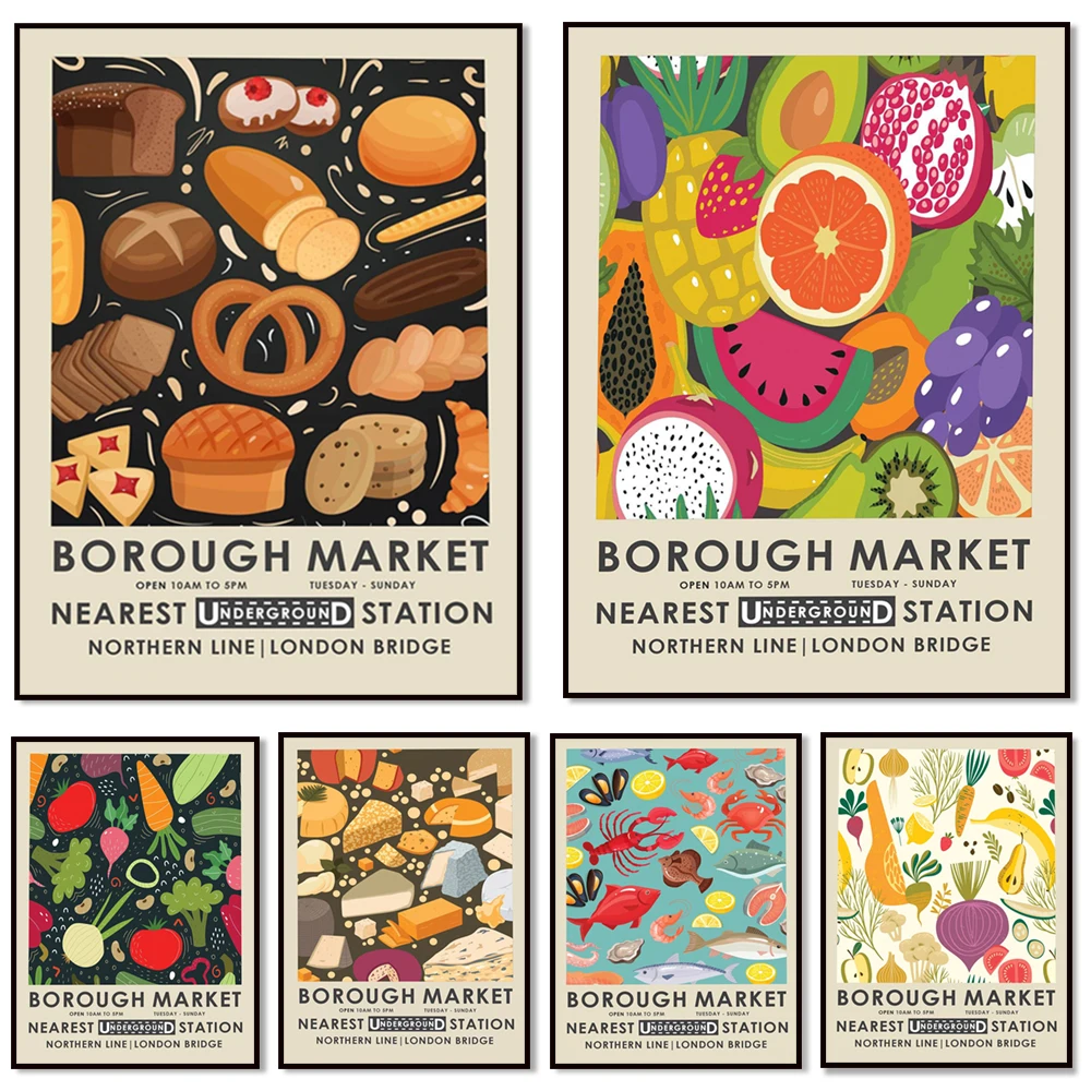 Borough market prints, fruits, vegetables, seafood, bakery kitchen prints, farmers market food prints, retro advertising posters