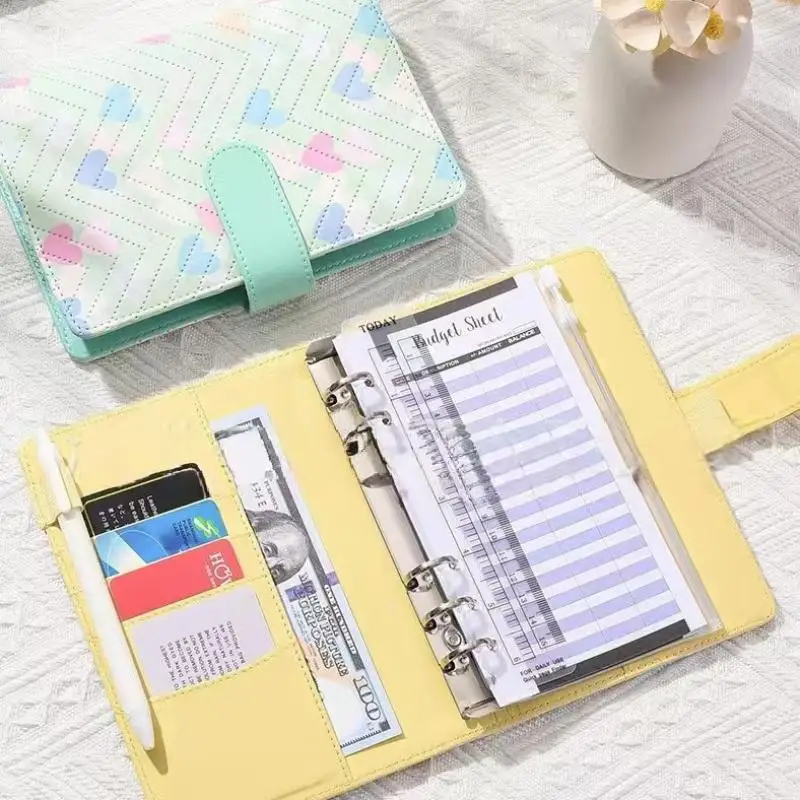 Nouvelle conception élégante, classeur à 6 anneaux A6 en cuir PU, classeur économique pour carnet personnel, couverture pouvant servir à la gestion du budget et de l'argent liquide.