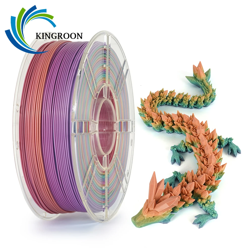 KINGROON Silk PLA Plastic 1kg 1.75mm, New Multicolor Gradient 3D Printer Filament Rainbow PLA Color Chnage, Transparent Spool