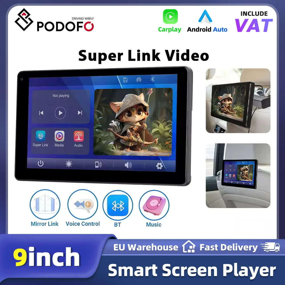 Podofo 9-Zoll-Automonitor mit kabellosem Carplay und Android Auto, Bildschirmspiegelung, Auto-Kopfstützen-Videoplayer, unterstützt SD-Karte
