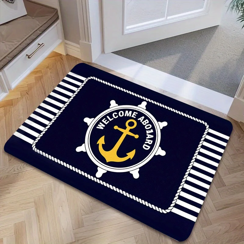 Nautical Welcome Aboard Door Mat, Navy Blue Anchor Ship Wheel Entrance Floor Rug, Maritime Striped Entryway Carpet