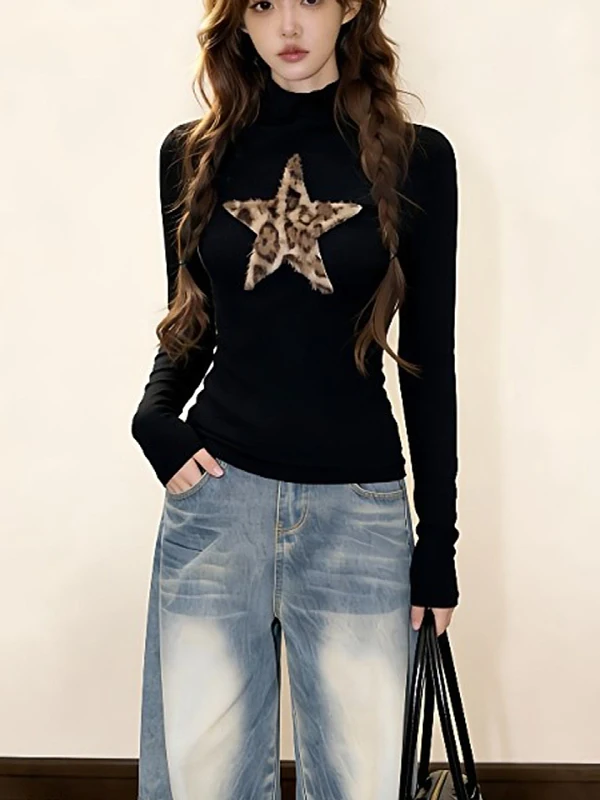 

plus Size Women's Retro High Collar Long Sve T-irt Star Leopard Print Base irt Spring Season Slim Fit Faion Sle