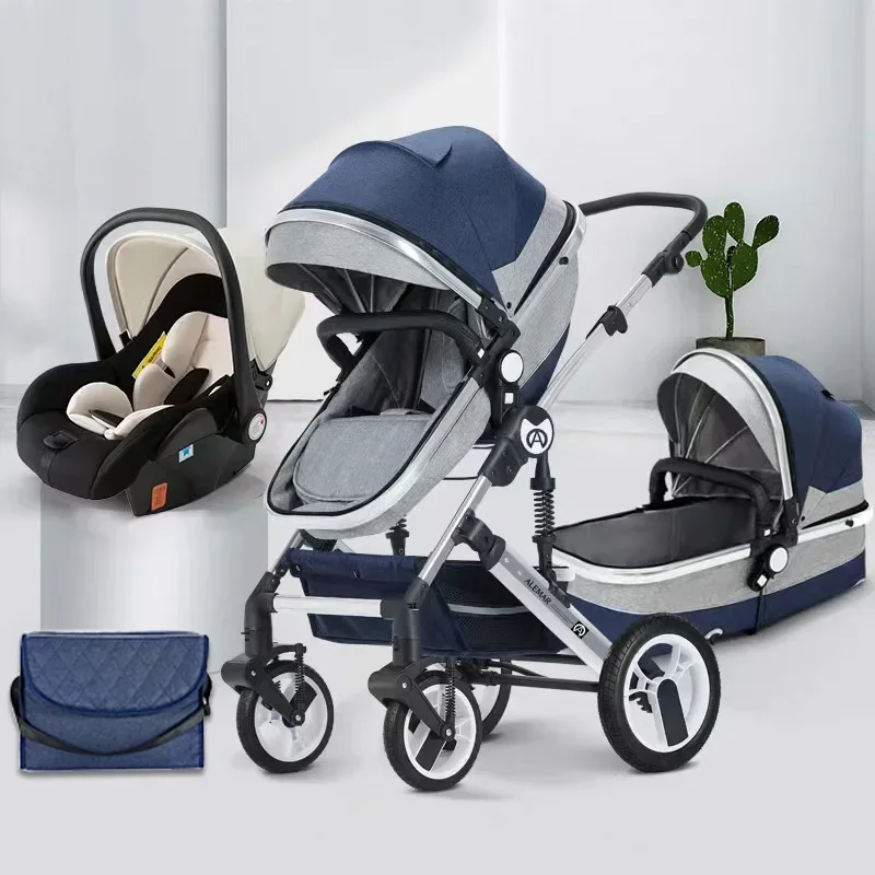 3-in-1 baby stroller with high landscape,able to sit or lie down,one click folding,two-way push,shock-absorbing four-wheel drive