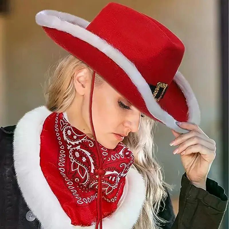Fashion Santa Claus Party Christmas Luminous Cowboy Hat Western Red Felt Hats Wide Brim Cowgirl Hat Jazz Hat For Women Men