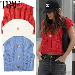 TRAF Knit Sweater Vests For Women Sleeveless Crop Red Sweater Vest Fall Casual Beige Knitted Vest Woman Fashion Button Blue Vest