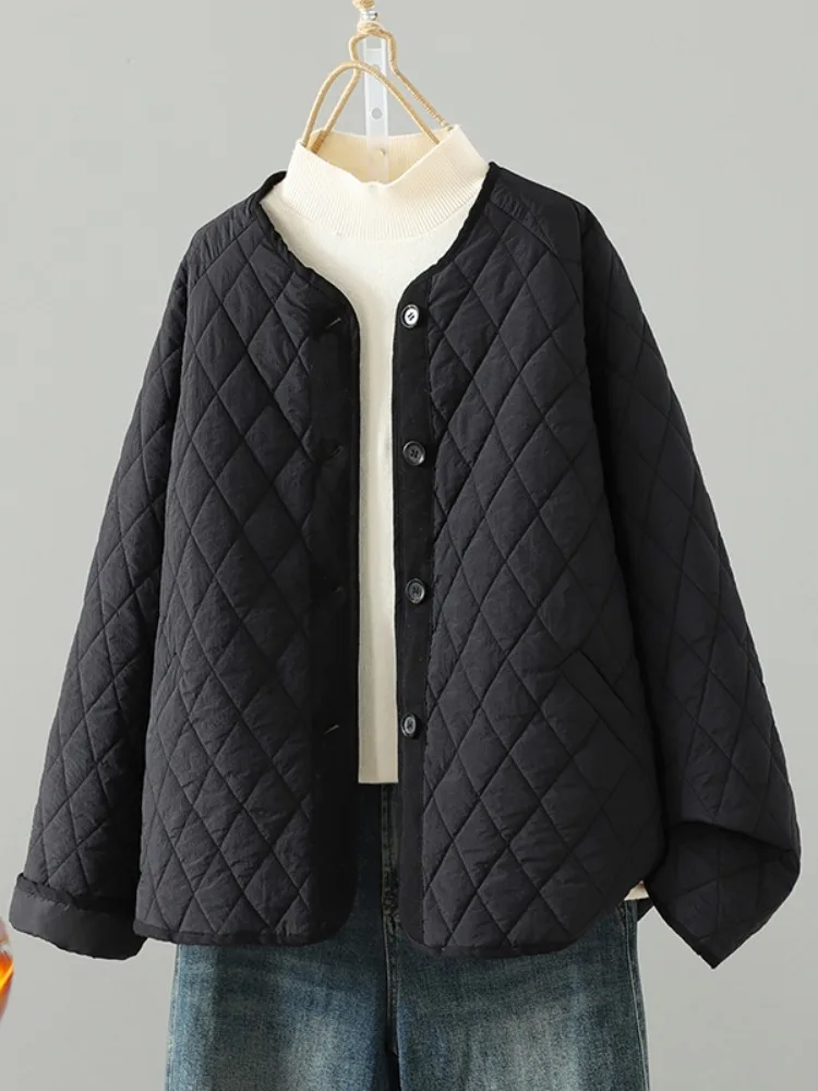 

Bla Retro Diamond Pattern Unlined Cotton Jaet Women's Winter Loose plus Size Casual Warm Cotton Padded ort Outerwear