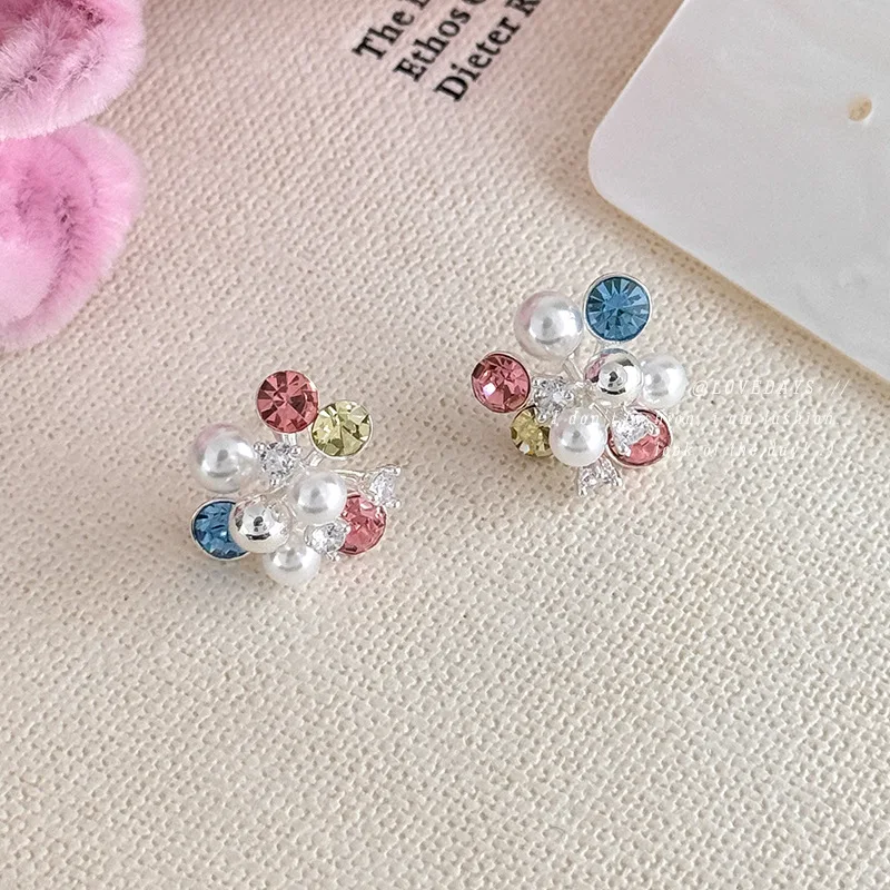 Versatile Colorful Zircon Faux Pearl Flower Stud Earrings Geometric Niche Design Elegant Lightweight Breathable Soft for Women
