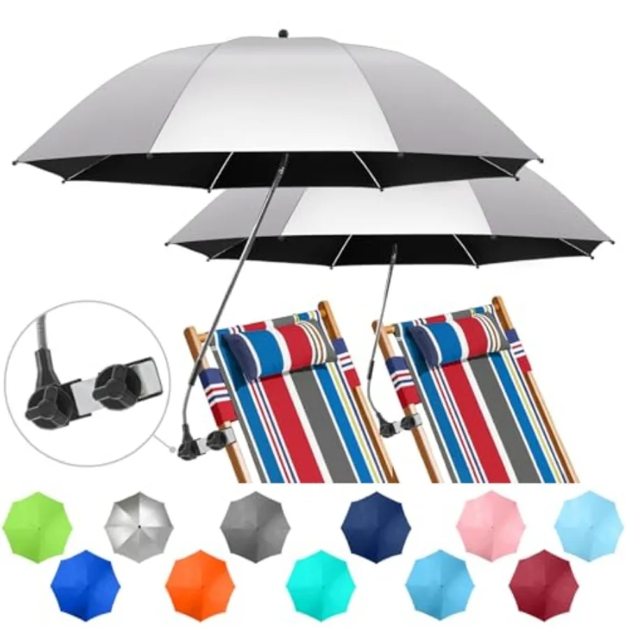 

2 PACK Beach Umbrella with Clamp, 360 ° Adjustable Umbrellas for Chair, UPF50+ Umbrella for Beach Chair, Patio Chair, Wheelchai