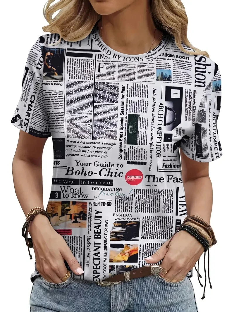여성용 플러스 사이즈 3D 추상 신문 인쇄 라운드 넥 반팔 티셔츠, 루즈하고 캐주얼, 부드럽고 편안하며 통기성