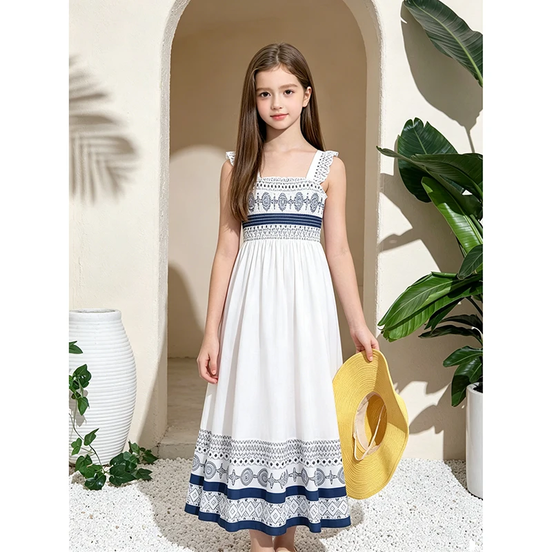 Teen Girls 13-16 Summer Ethnic Print Midi Dress, Ruffle Smocked Strap High Waist Flowy A-Line Casual Holiday Beach Dress
