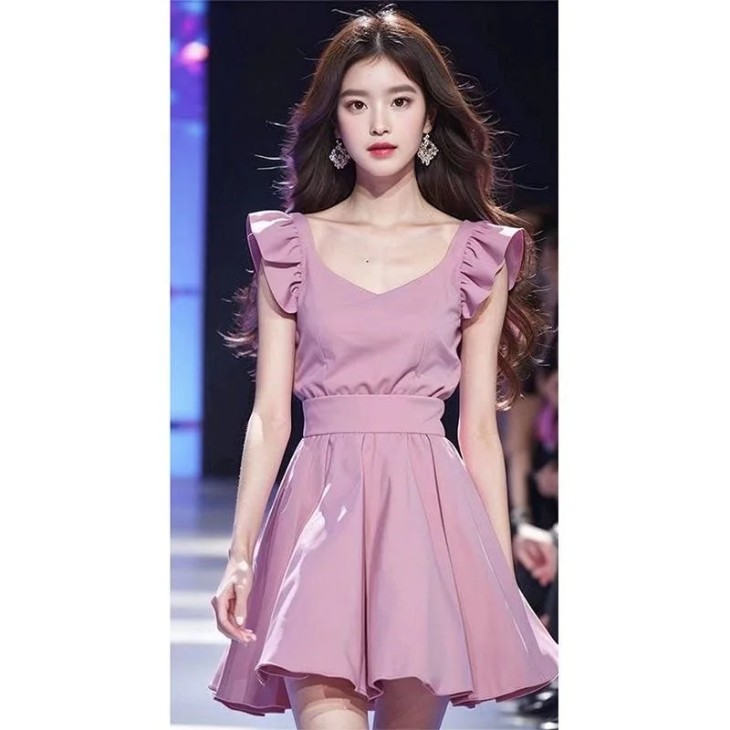 Popular Beautiful Dress 2024 Summer New Light Purple V-neck Small Flying Sleeve Waist Dresses Women