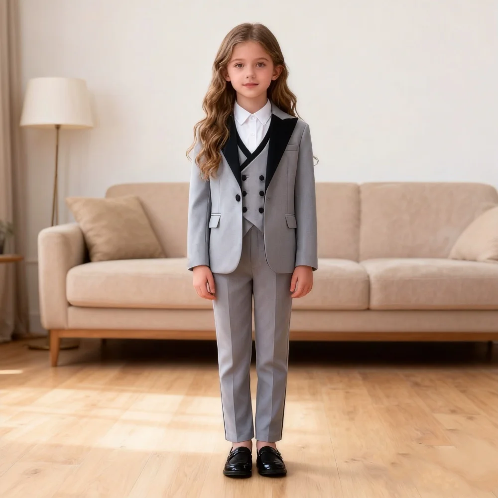 

Fast Shipping Gray Girls 4 Piece Tuxedo Set Blazer Vest Pants Glamorous Kids Formal Outfit For Wedding Photo Shoot Party