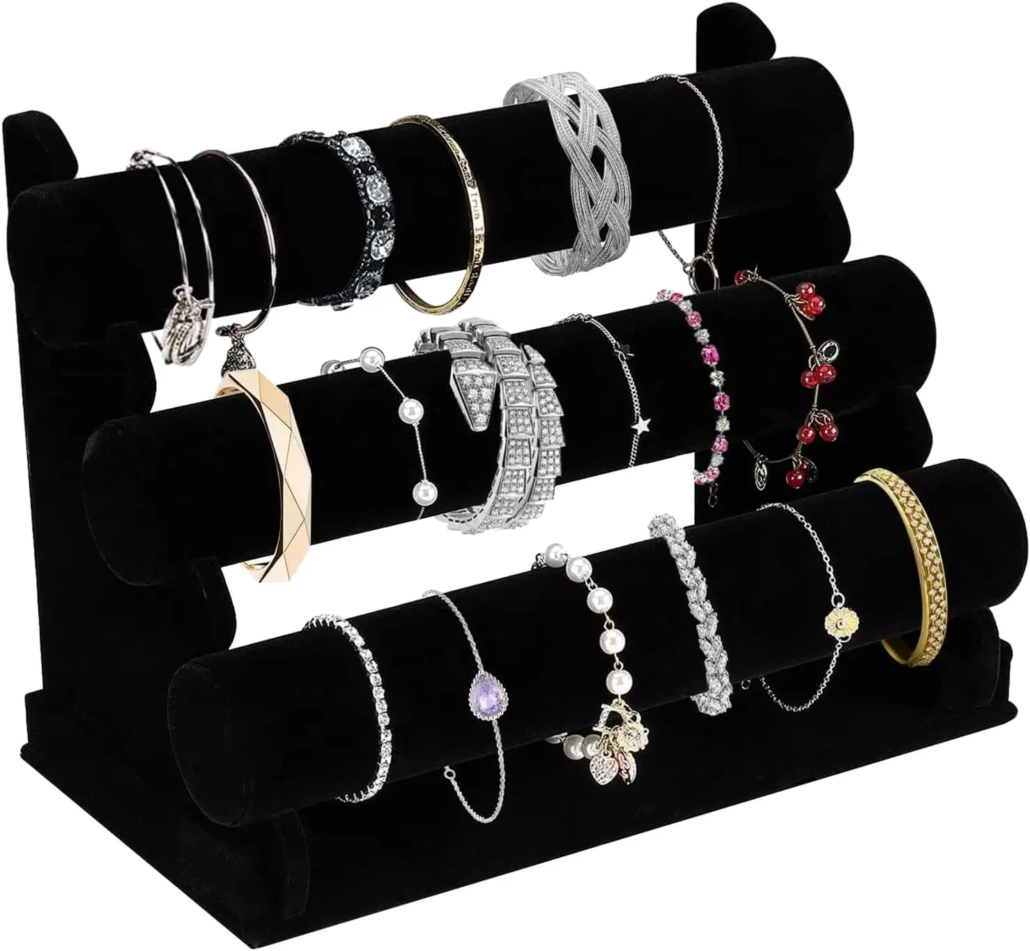 

Velvet Bracelet Holder with 3 Tier Rack, Black Detachable Jewelry Display Stand for Necklaces, Bangles, Watches