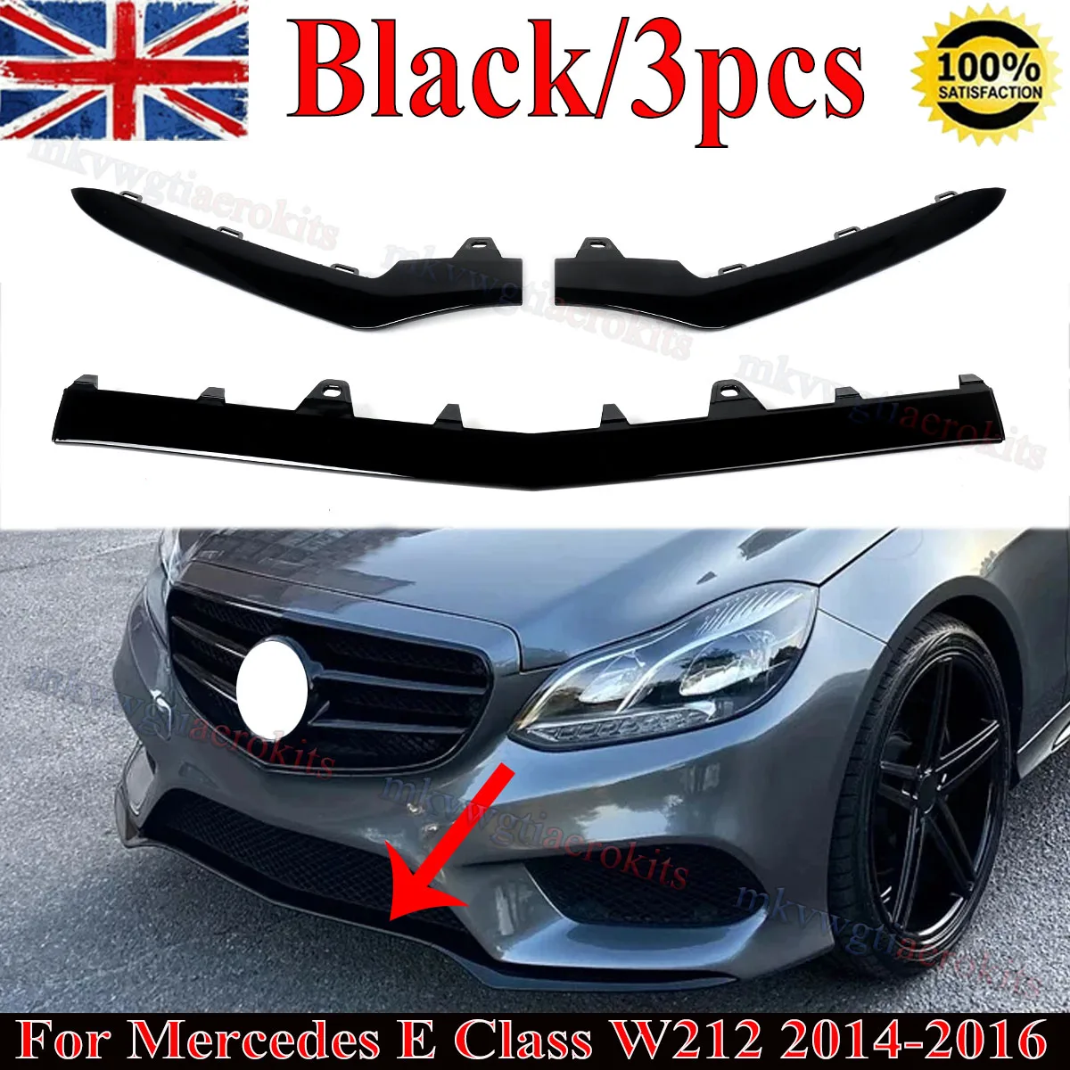 

3 шт., молдинг на передний бампер, глянцевый черный, подходит для Mercedes Benz W212 E-Class E350 2014-2016 2128852774 2128852874 2128852674