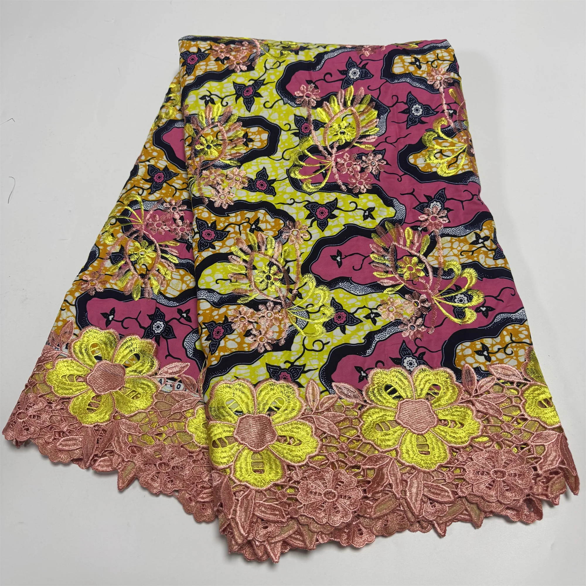 

Самая популярная африканская ткань с восковым принтом Анкара и кружевной тканью с вышивкой, 6 ярдов, африканский восковой шнур, кружевная восковая ткань Q5-608-3