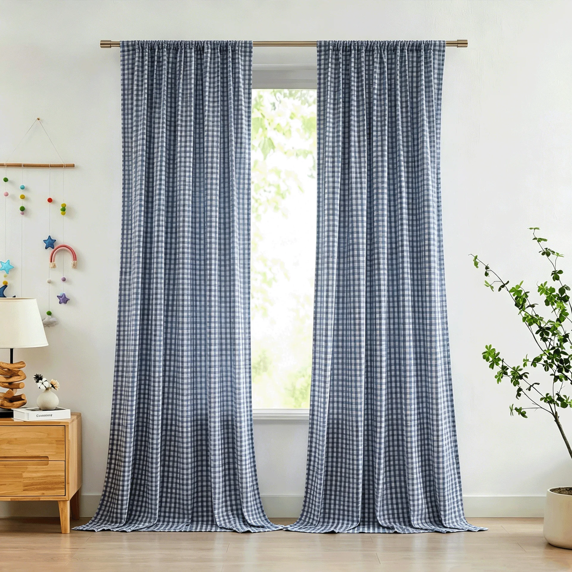 Retro Countryside Blue And White Checkered Lace Curtains Semi-light Blocking for Balcony Decoration