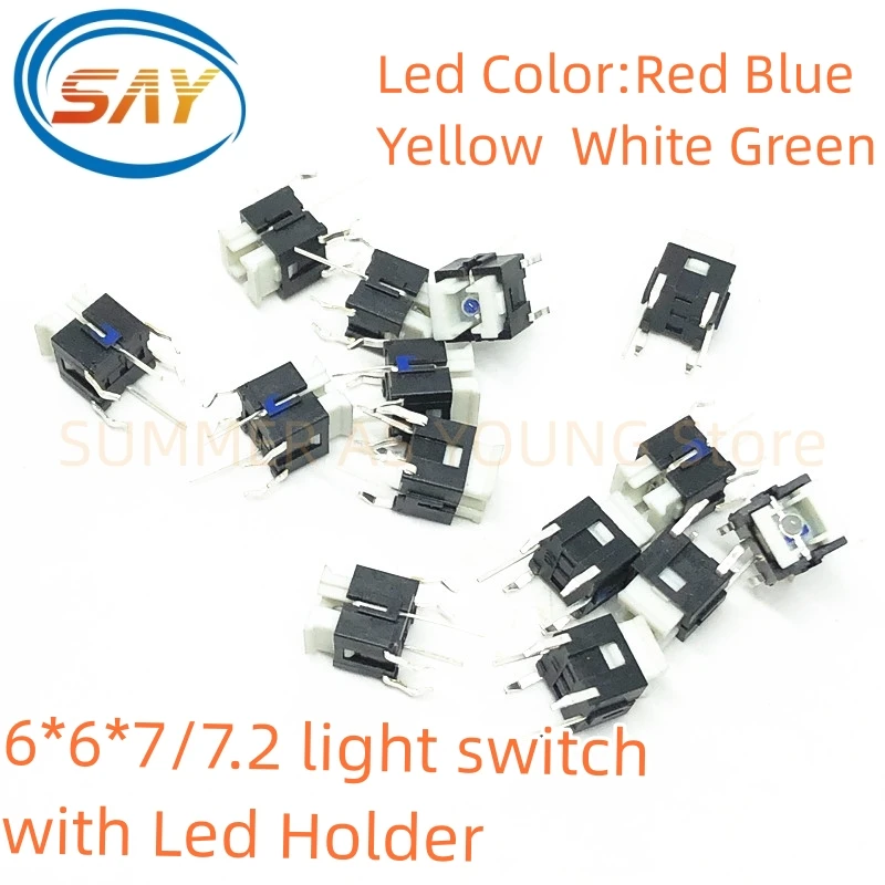 50PCS/LOT 6*6*7/7.2 light touch switch with light switch red blue white light with LED button with luminous 6x6 With Led Holder