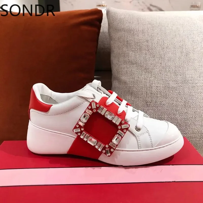 

Womens Genuine Leather Sneakers Lace Up Match Colors Square Buckle Skateboard Shoes White 6Colors