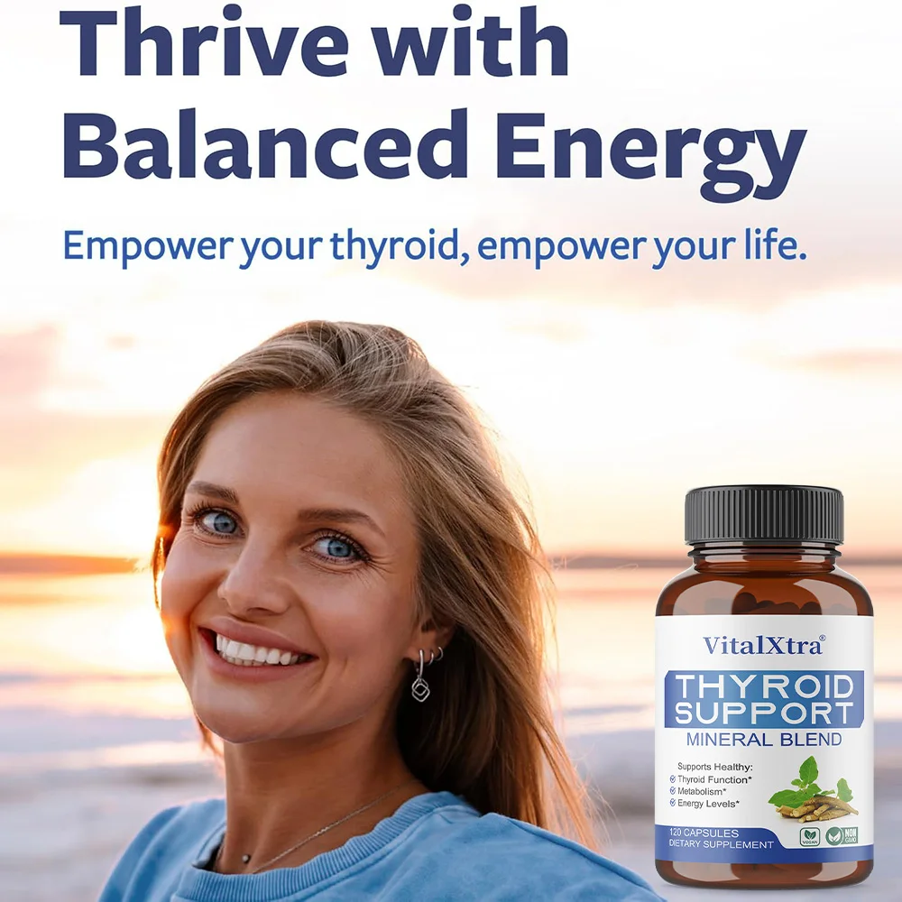 مكمل دعم الغدة الدرقية، مستخلص جذور أشواغاندا، اليود، السيلينيوم، الزنك، وفيتامين B12 لتعزيز الطاقة والواضح الذهني