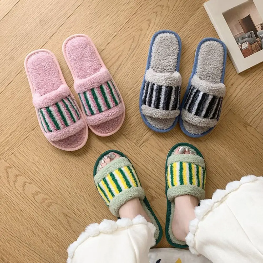 

Fashion Stripe Plush Warm Slippers Patchwork Thick Sole Winter Indoor Slippers Homewear Shoes Durable Soft Home Slippers Gifts