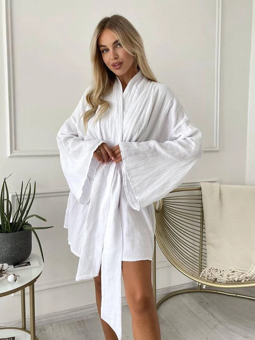 Marthaqiqi Cotton Women Robe Sexy V-Neck Pajamas Lace Up Bathrobe Long Sleeve Nightgowns Mini Dress 2023 New Femme Home Clothes