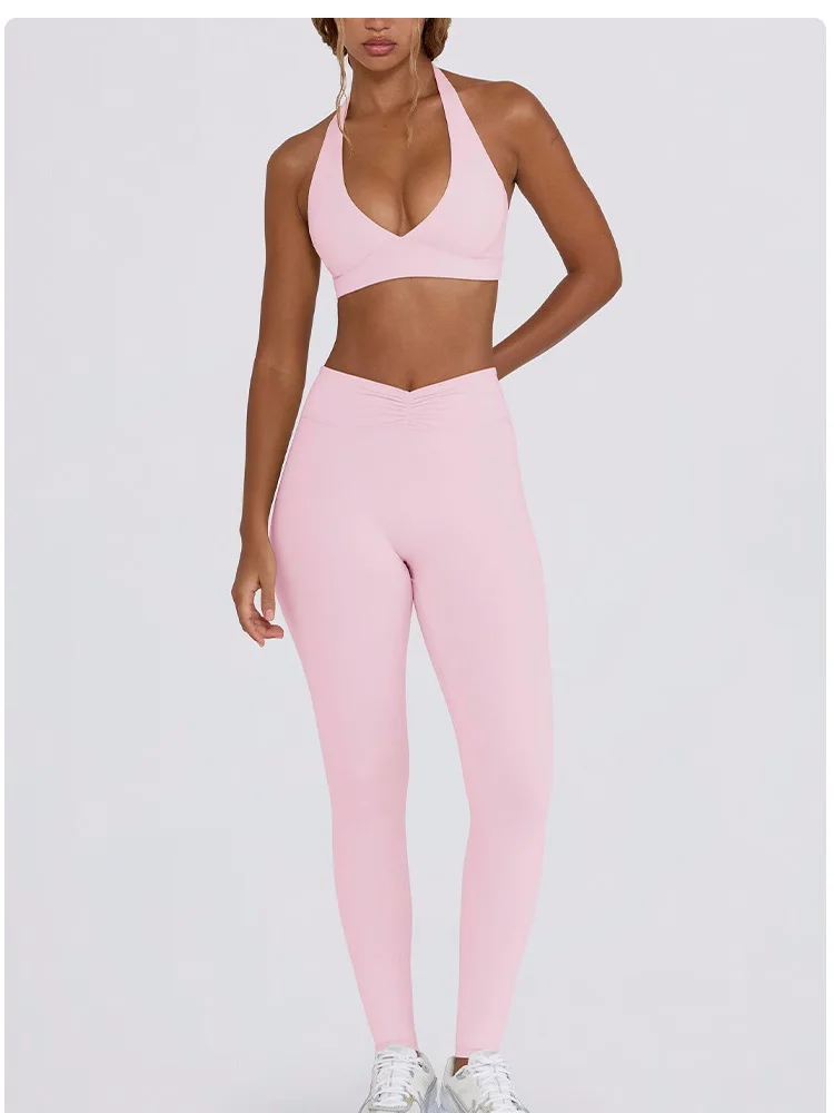 SEEKSUC Women's Yoga Suits Quick Drying Leggings Gym Shorts Nude Hanging Neck Bra Running Gym Exercise Sets - Image 2