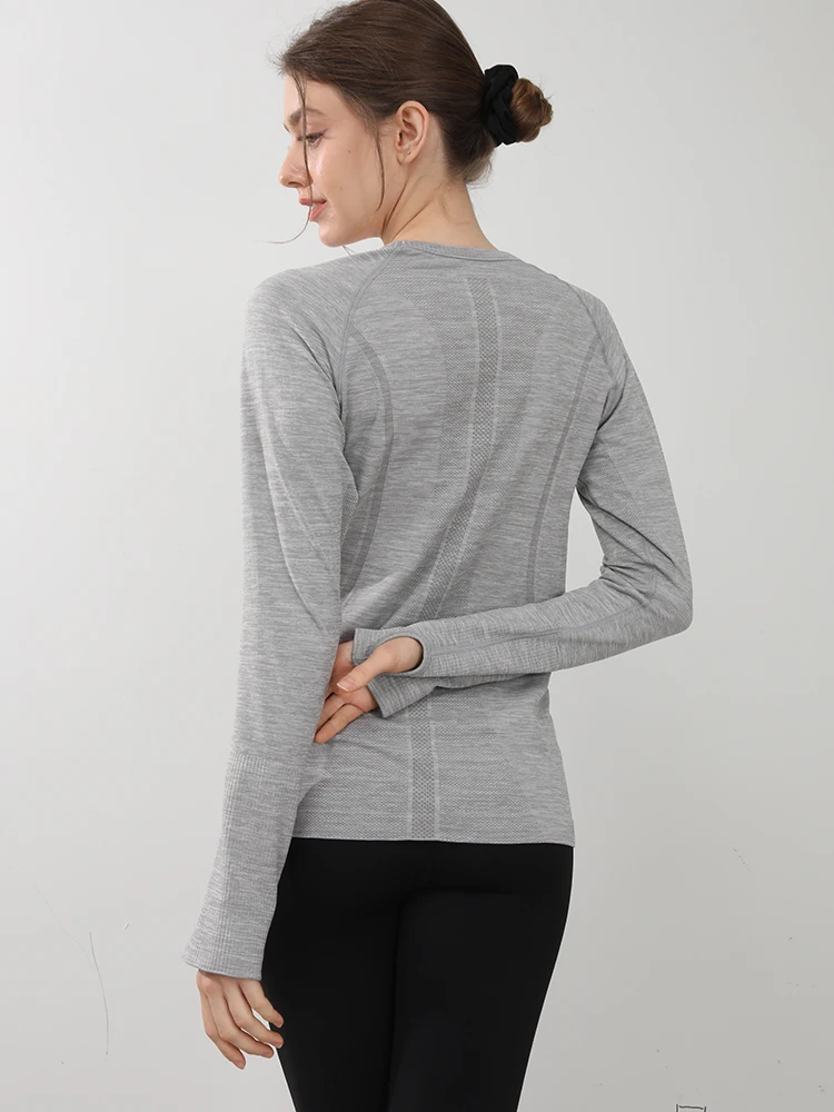 Nahtloses Yoga-T-Shirt für Damen, Sport-Top mit Rundhalsausschnitt, schmal geschnitten, langärmelig, für Laufen, Fitness, Workout, Gym – Detail 3