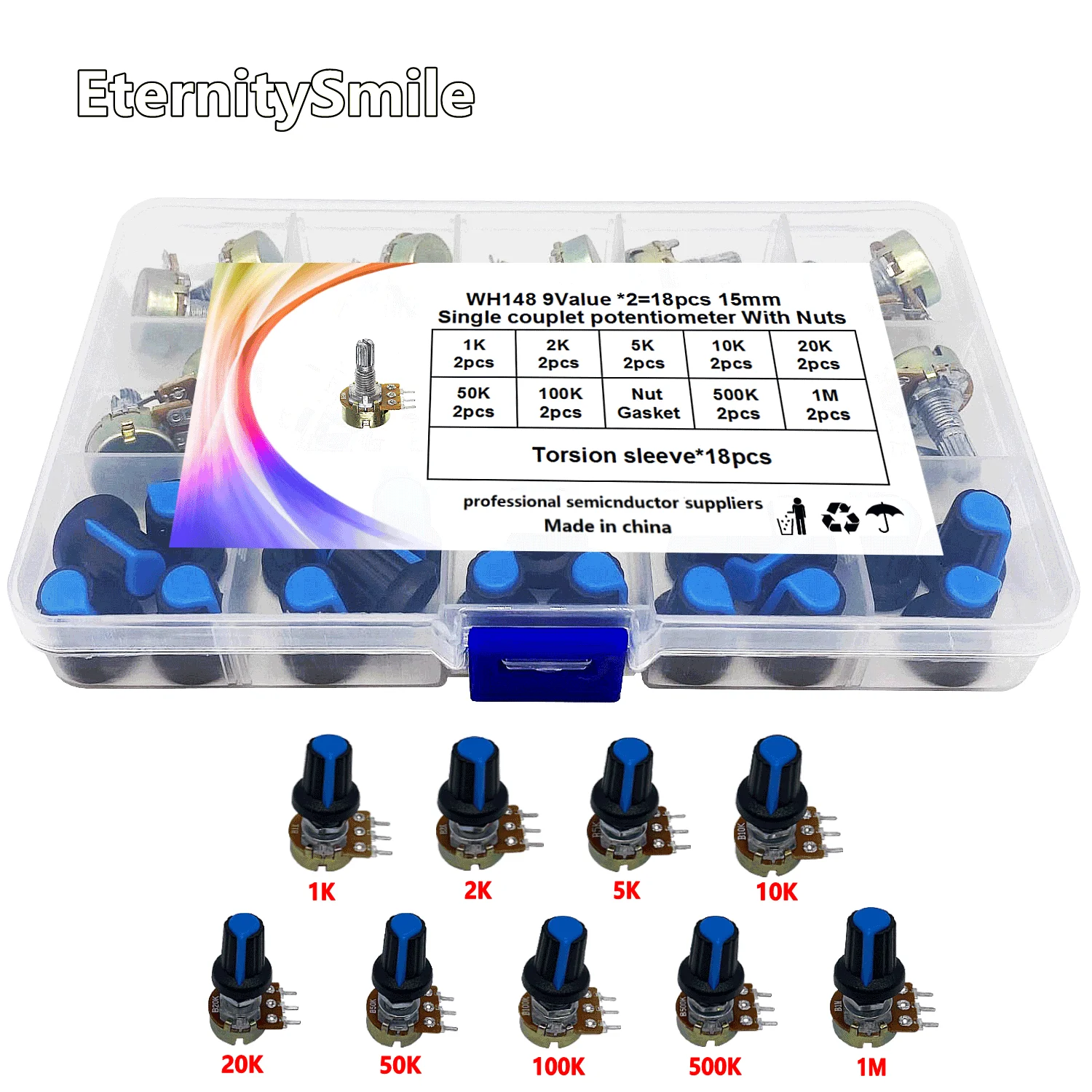 

18PCS 9Values 3Pin Wh148 Single Resistor Kit B1/5/10/20/50/100/500K 1M Amplifier Volume Rotary Adjustable Potentiometer