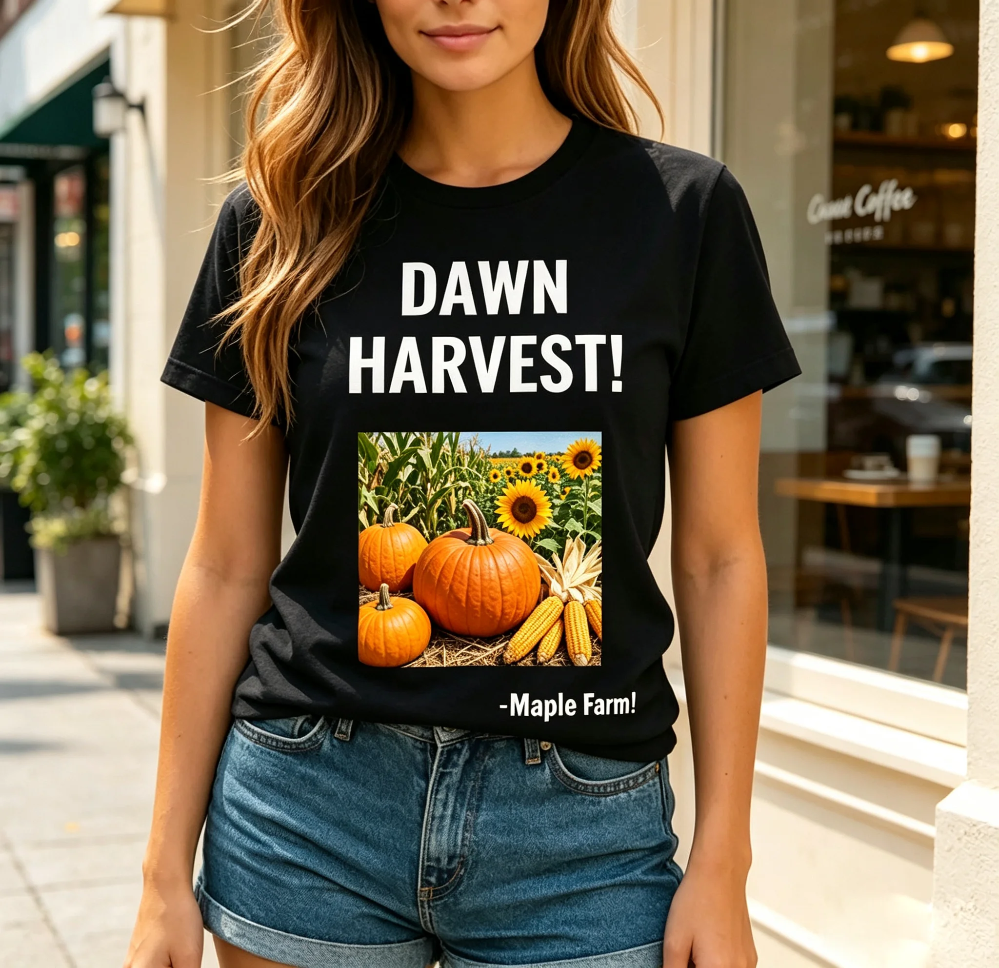 Dawn Harvest Maple Farm Graphic T‑Shirt Fall Pumpkin Sunflower Corn Print Crewneck Tee Unisex Autumn Casual Daily Tops