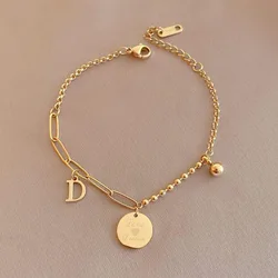 316L Stainless Steel Gold Color 2022 New Fashion Upscale Jewelry Letter D Round Charm Thick Chain Bracelets For Women Gift
