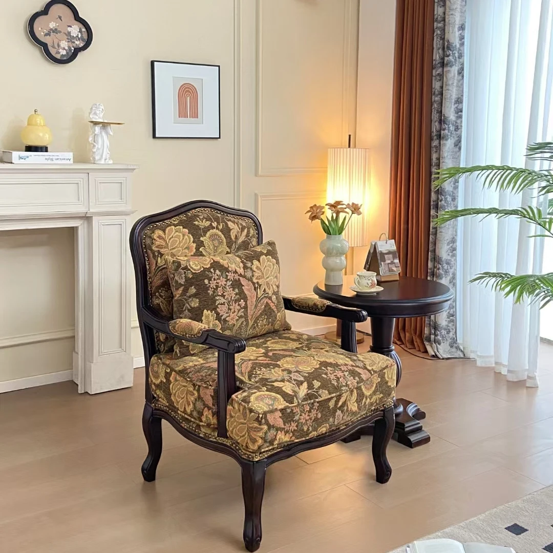 Style Fabric Single Sofa Vintage Tiger Chair Living Room Balcony Leisure Solid Wood High Backrest Stool