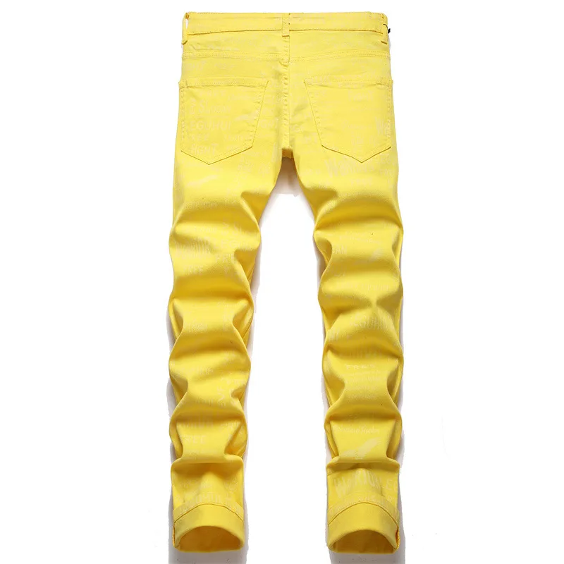 New 2023 Summer Street Men's Jeans Digital Printed Yellow Fashion Mid-Waist Elastic Casual Pants