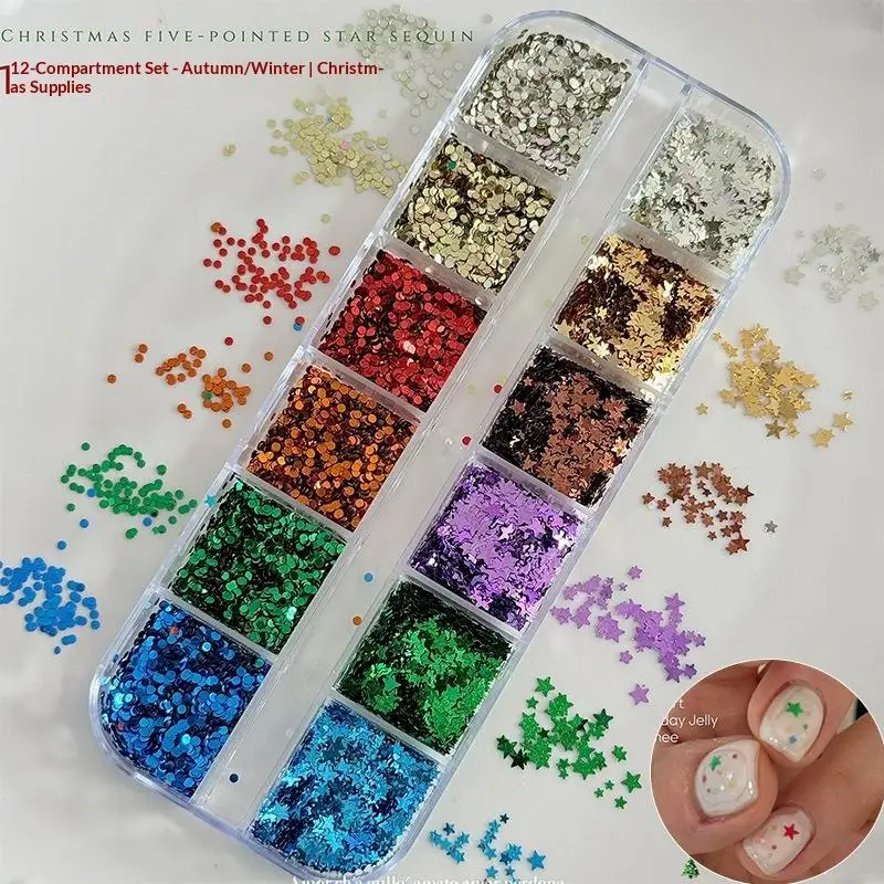1Box 12 Grids Five-pointed Star Wave Point Nail Art Glitter Sequins Mixed Color Sparkly Mixed Shapes DIY Manicure Nail Decorati