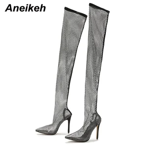 Aneikeh-Sexy Bling Rhinestone Mesh Shoes for Women, Above the Knee, Potted Finger Sandals, High Heel, Women's Boat, 2024 8 Main sales boot brightness - №8