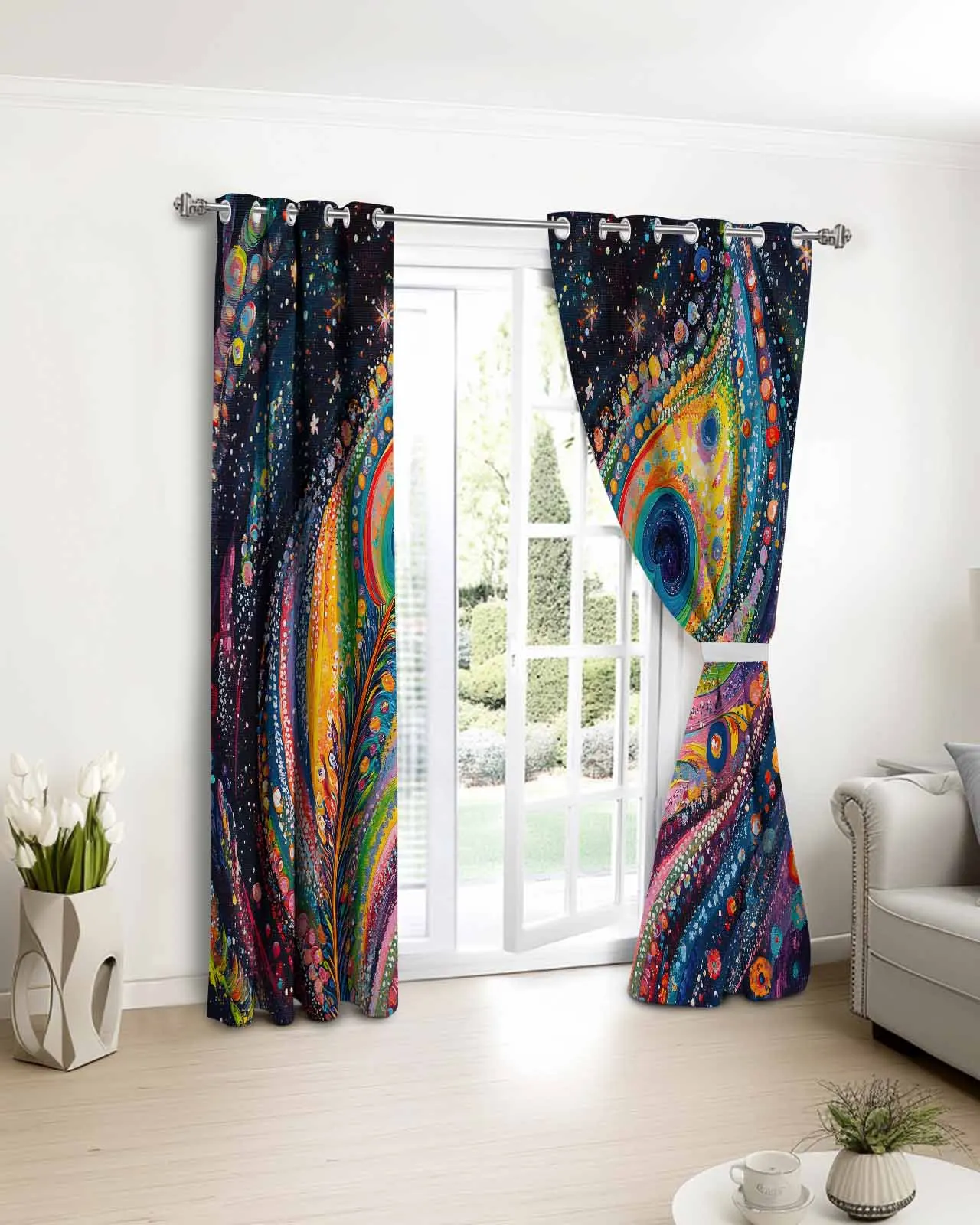 

Abstract Colorful Feather Window Curtains Living Room Kitchen Curtains for Bedroom Left and Right Biparting Open Curtains