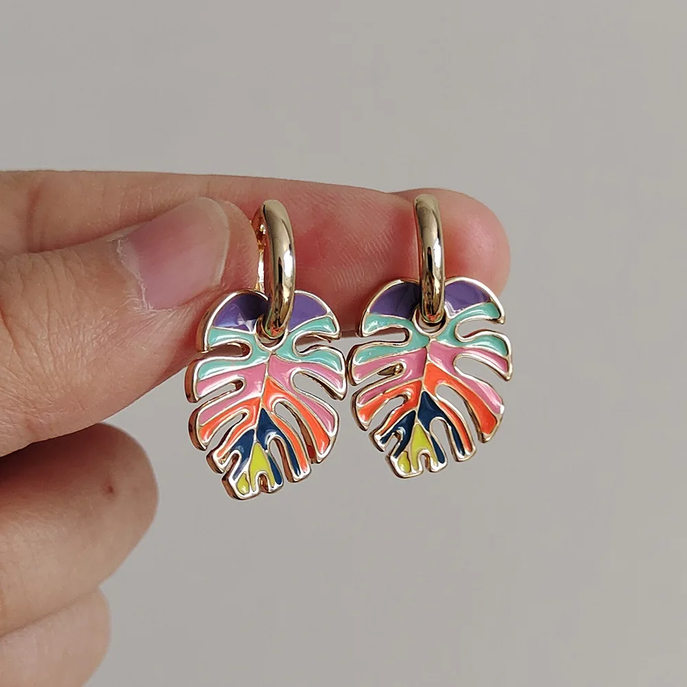 Green Cactus Rainbow Leaf Dangle Earrings for Women Girls Creative Fresh Enamel Metal Hoop Plant Earrings Female Jewelry Gift