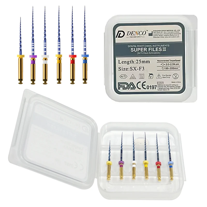 

6 шт./упак. DENCO SUPER FILES III 21/25 мм стоматологические файлы корневых каналов, термоактивационные роторные нитиноловые файлы для зубной целлюлозы, термоактивация