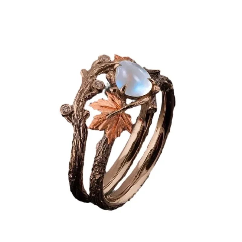 Vintage niche Design Tree Branch Maple Leaf Double Layer Ring Women Men Light Luxury White Gemstone Holiday Party Jewelry