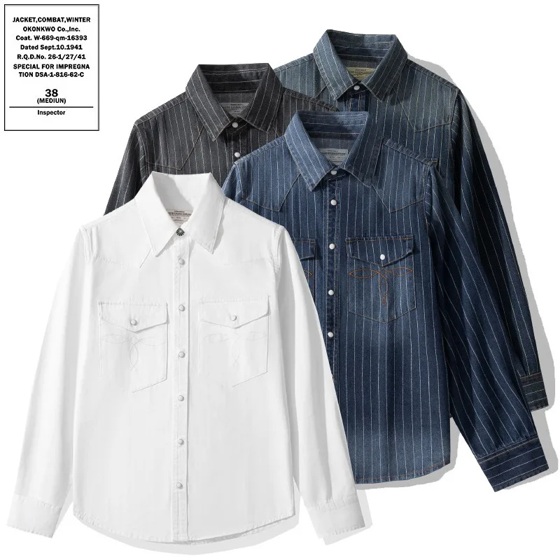 

Retro American Denim irt Classic ket Flower Heavy Waed Striped Men's Long Sve Slim Fit Fce Lined Autumn irt