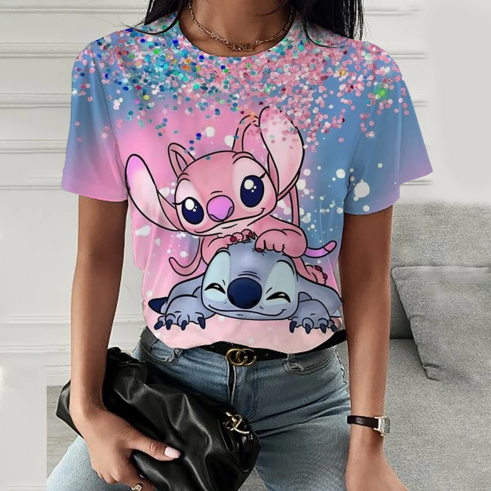 Camiseta informal de verano para mujer, jersey de manga corta con estampado de Stitch de Disney, Top holgado de cuello redondo de gran tamaño, 2024