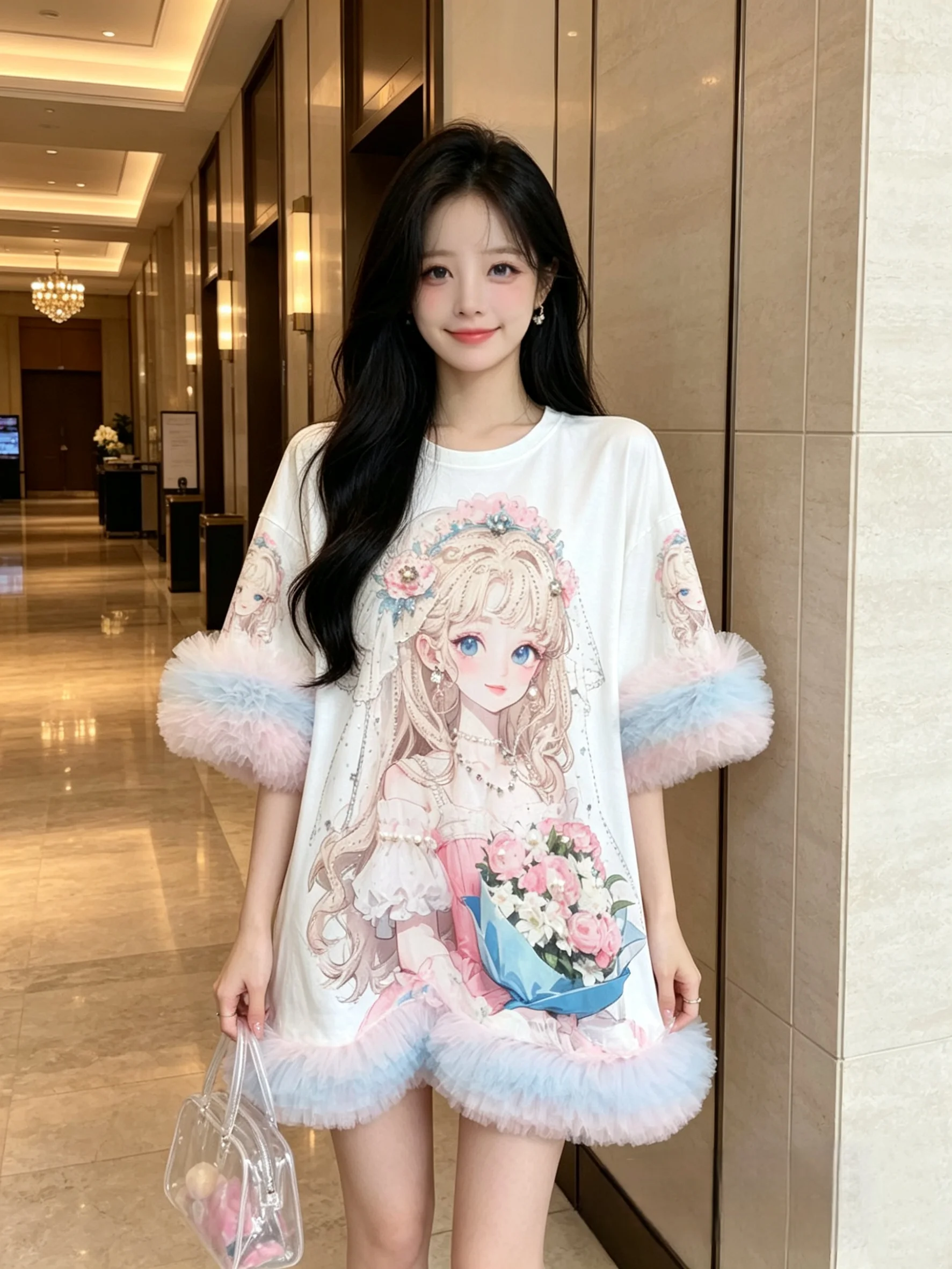 Dopamine All-match Summer Women Elegant Lace Splicing Half Sleeve T-shirt Mid-long Princess Dress Round Neck Sweet Princess Top