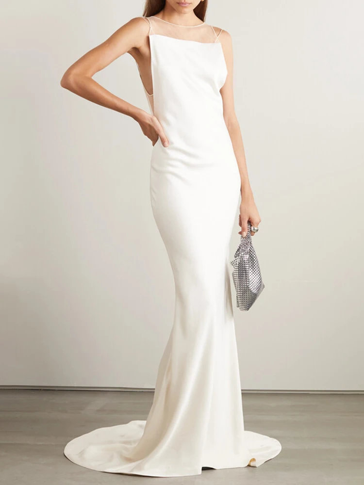 ホワイト オープンバック ロング ドレス チュール トリム サテン ノースリーブ ラウンドネック スリム エレガント パーティー イブニング ドレス