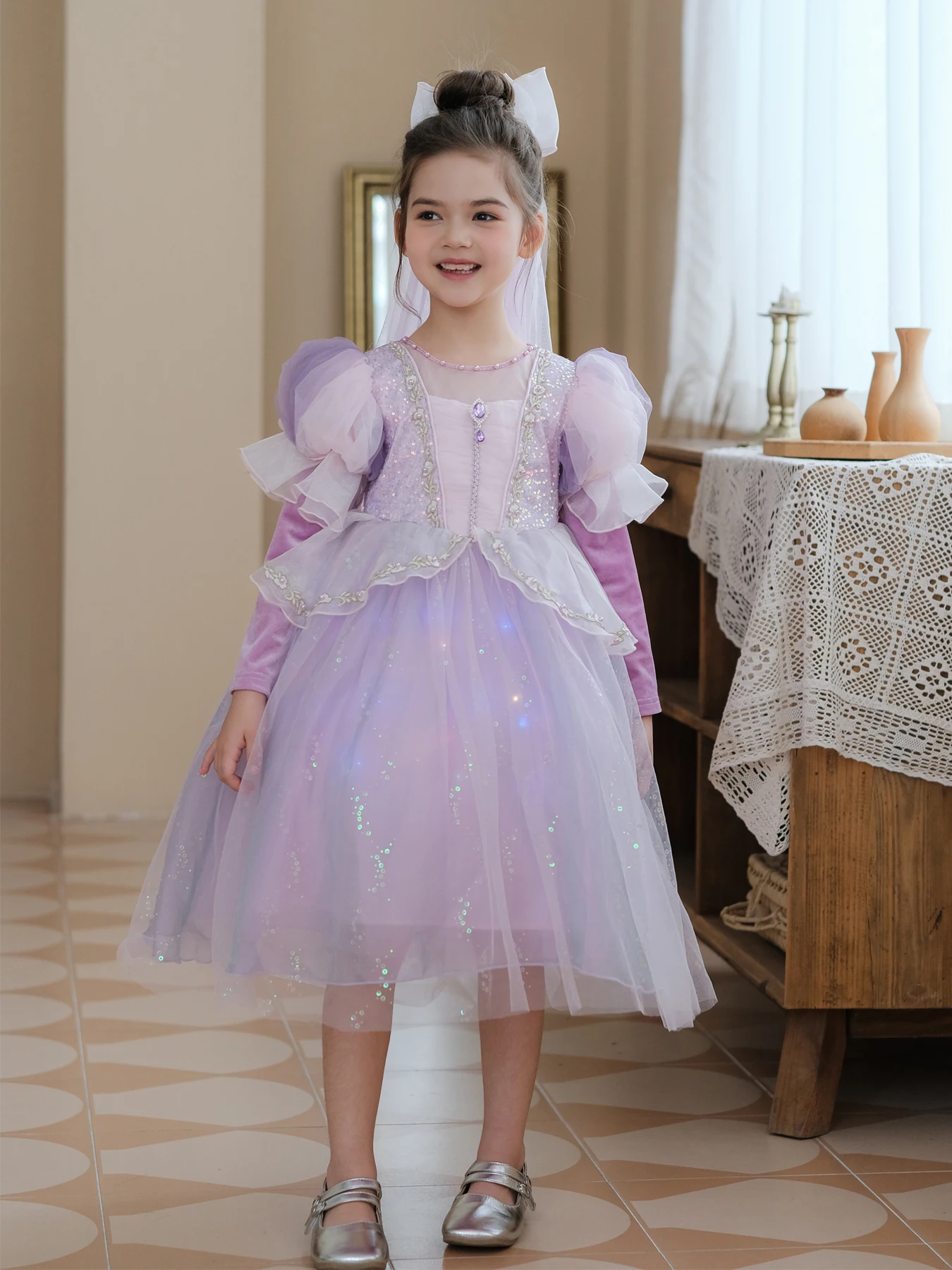 Girls Princess Dress, Elsa Princess Dress Up Long Sleeve Ice Queen Costume with Tulle Shawl for Little Girls Cosplay Birthday Pa