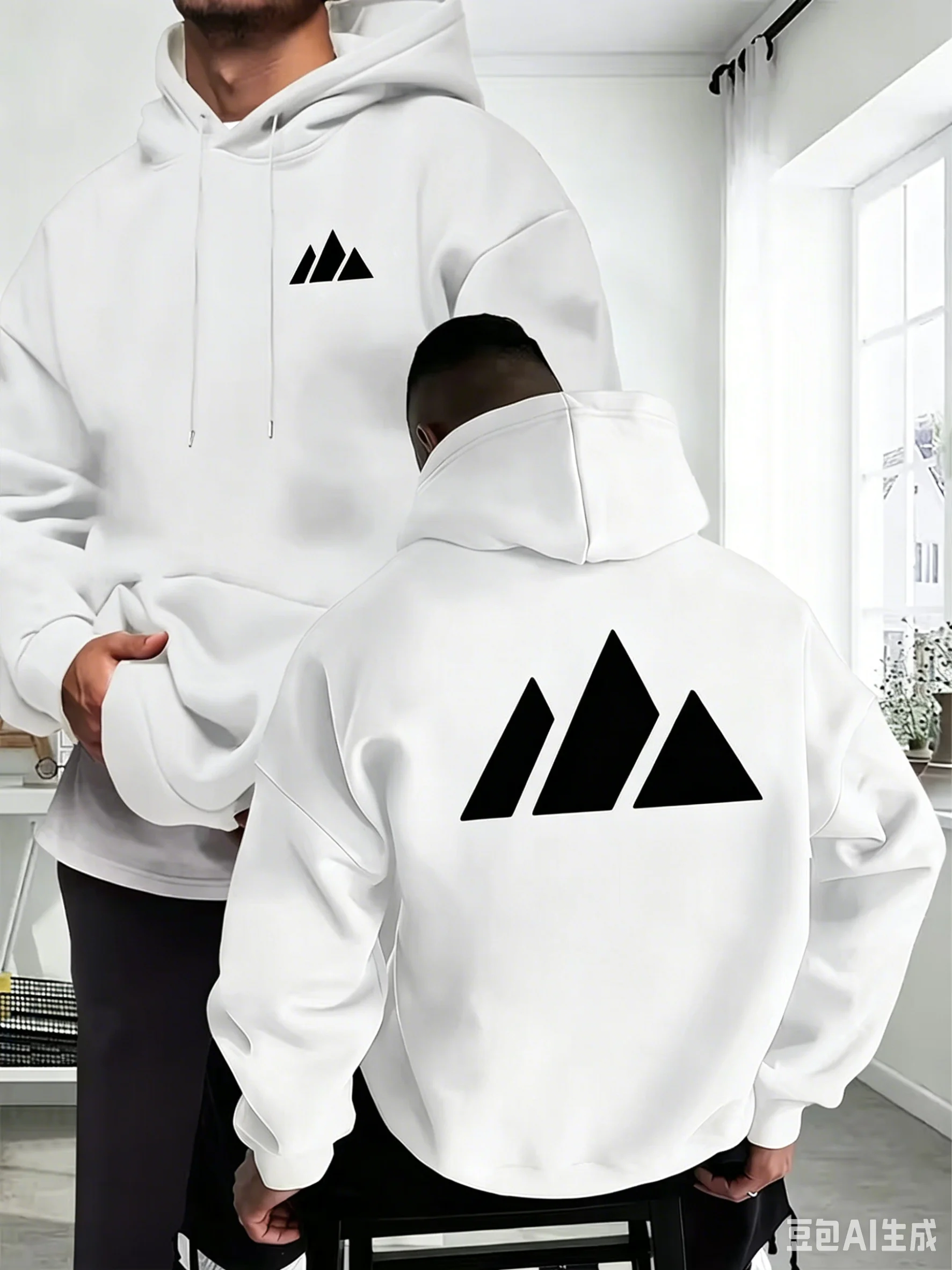 Men's Fall/winter Casual Hooded Sweater Featuring A White Mountain Pattern Sport Elements with A Relaxed Casual Outdoor Style.