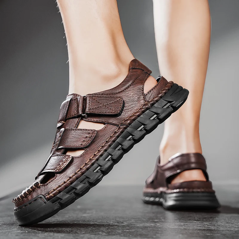 Summer New Handmade Men Sandals Leather Lightweight Flat Men Breathable Casual Shoes Outdoor Walking Sandals for Men Beach Shoes
